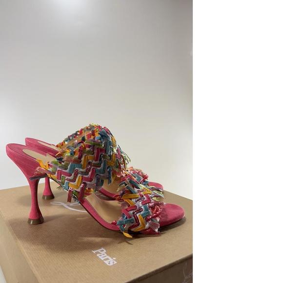 Meroine Pink Rainbow Woven 85mm raffia fringe heels mules D972 - Picture 3 of 11